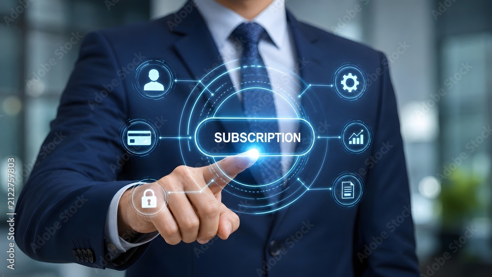 Obraz premium Businessman interacting with a holographic subscription interface to manage digital services and online business account settings in office