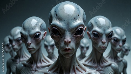 Group of Grey Alien Beings with Large Black Eyes