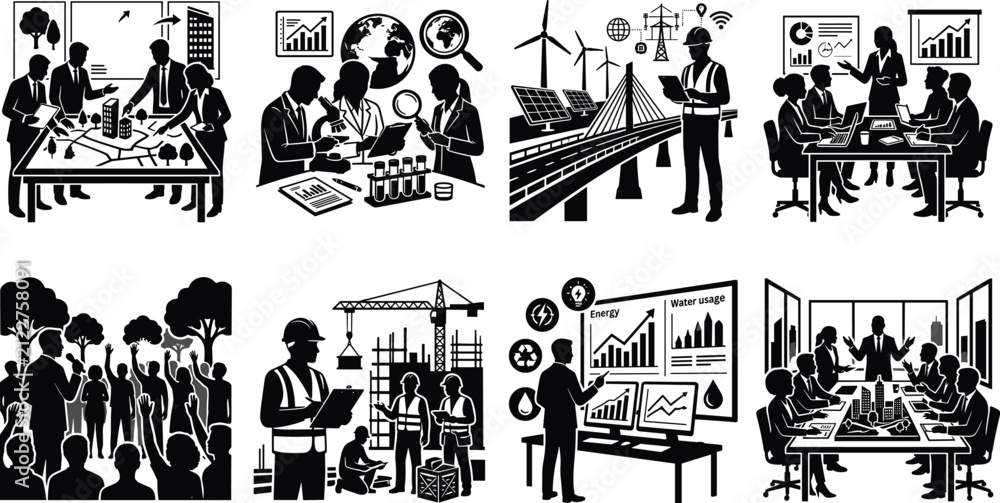 Fototapeta premium Urban Sustainability and Climate Adaptation Icons Set Featuring Green Infrastructure Cooling Solutions and Renewable Energy.eps, Urban Planning and Smart City Development Black Silhouette Vector Bundl