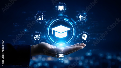 A hand holding a digital holographic graduation cap icon representing modern online education and future learning technology concepts