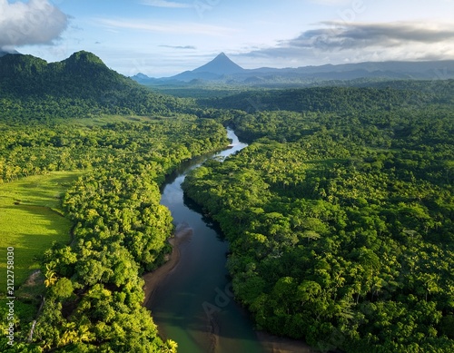 beautiful landscape lush green forest river sao tome and principe aerial view of pico cao