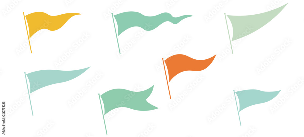 Fototapeta premium Description (191 characters): Collection of seven colorful pennant flags on poles. Vector illustration of waving banners in pastel colors (orange, green, teal, yellow) on a white background. Hand-draw