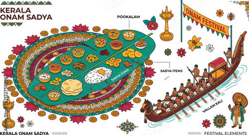 Kerala Onam Festival Infographic Set with Onam Sadya Meal Pookalam Floral Rangoli and Vallam Kali Boat Race