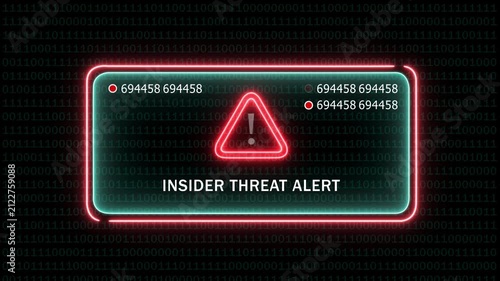 Cybersecurity insider threat alert warning notification with glowing neon red warning triangle and rapidly changing digital data code sequences on a dark background, for corporate network security