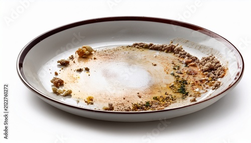 dirty plate with food residue isolated on a white or white background ideal for kitchen cleaning hygiene dishwashing or culinary themed projects