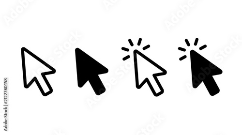 Set of computer mouse cursors and pointer icons in various styles, isolated on white background