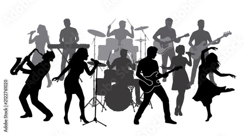 Silhouettes of a musical band and dancers performing on stage in a dynamic concert show