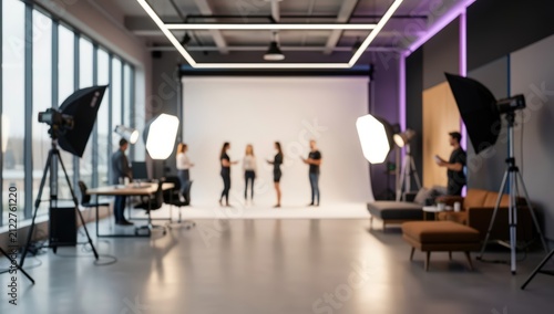 modern professional photo studio blurred background media production team workshop creative office interior lighting equipment softbox backdrop