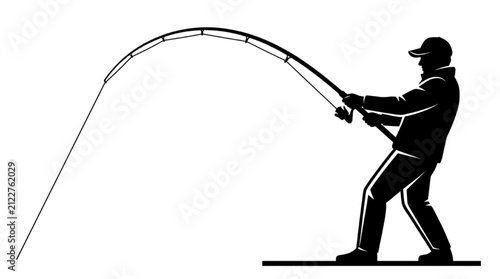 Minimalist Silhouette Illustration of an Angler Successfully Catching a Fish with a Flexible Rod