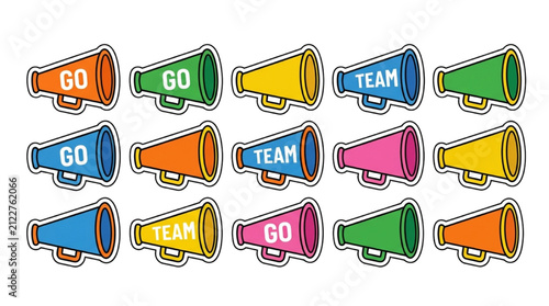 Set of Colorful Cheering Megaphone Illustrations Featuring Team and Go Text for Sports Events and Spirit Rallies