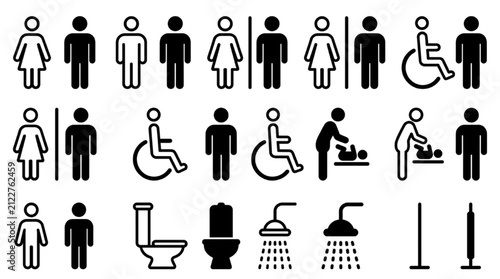 Collection of bathroom and accessibility icons including male, female, disabled, baby changing facilities, shower, and toilet symbols