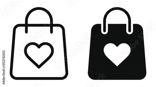 Two shopping bag icons, one in outline and one in solid black, each featuring a white heart symbol on the front