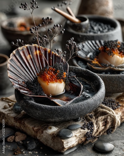 New Nordic scallop appetizer with caviar and botanical garnish