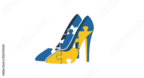 Puzzle High Heel Shoes in Blue and Yellow, Fashion Concept