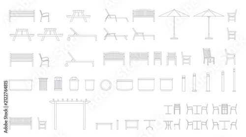 Architectural CAD drawings collection featuring outdoor furniture, park benches, picnic tables, sun loungers, and patio elements in top and side elevations for landscaping and urban design plans