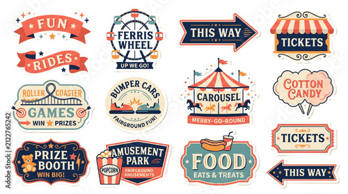 Vintage amusement park sticker set with carnival badges and retro fair signs