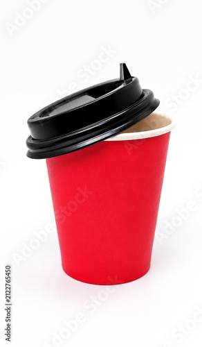 Red Paper Coffee Cup with Black Lid Isolated on White Background
