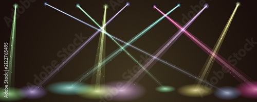 Photography Abstract background with glowing colorful light beams and floating orbs