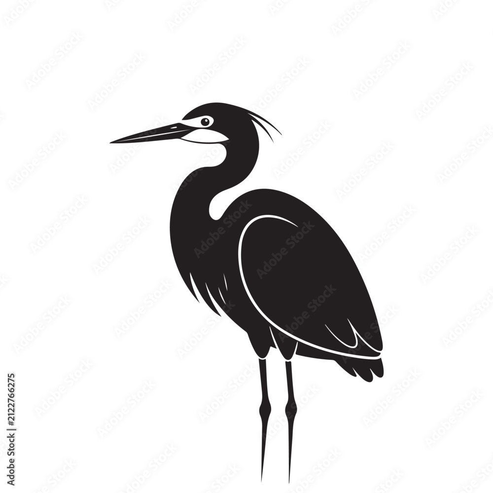 Obraz premium Great blue heron bird silhouette vector icon with long neck and sharp beak for wildlife and nature branding