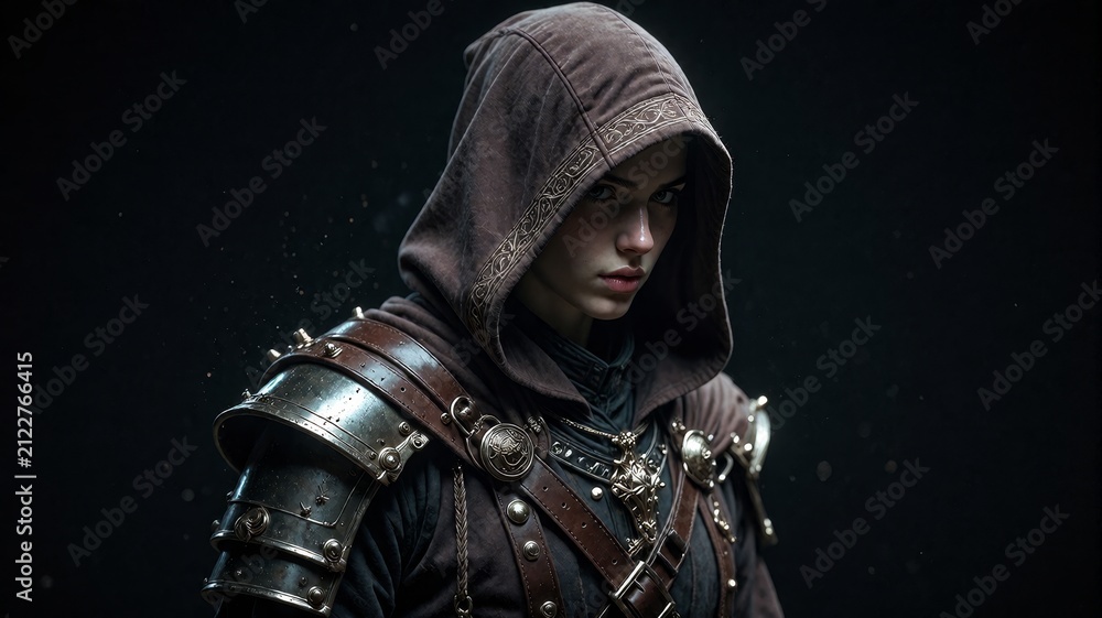 Fototapeta premium Warrior Woman in Leather and Metal Armor with Hood