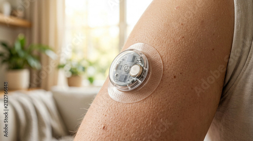 Continuous Glucose Monitor Sensor on Arm - Diabetes Health Technology