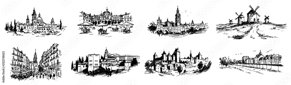 Obraz premium European city landmark sketches set including castles cathedrals and windmills in hand drawn style