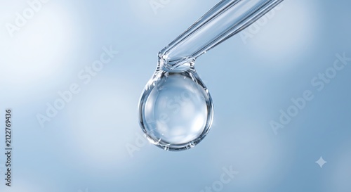 Macro Close Up of Clear Liquid Droplet Falling from Glass Pipette Dropper for Skincare and Medical Research Concept