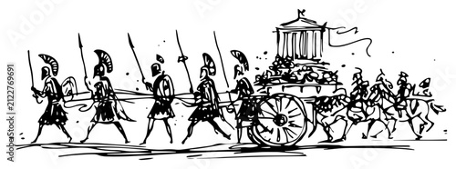 Foto Ancient Greek soldiers marching with spears and ceremonial chariot in ink sketch