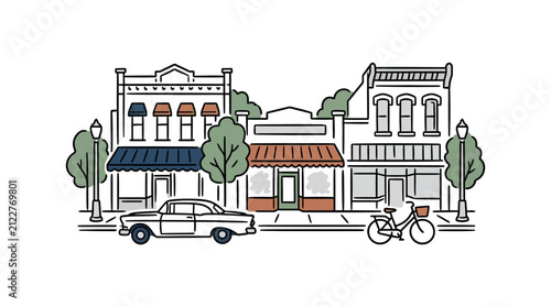 A charming illustration of a small town street with vintage buildings and a car.