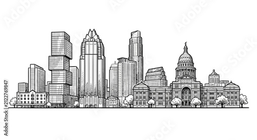 Detailed black and white line art illustration of the Austin Texas city skyline.