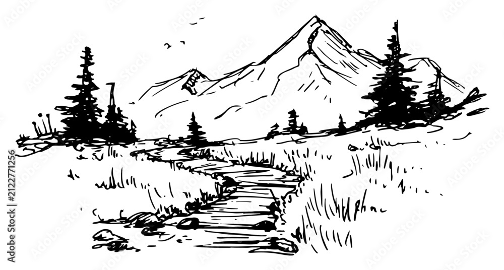 Fototapeta premium Winding river through mountain valley with pine trees in hand drawn ink style