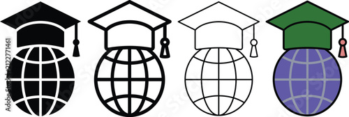 Global Education Icon with Graduation Cap and Globe Vector PackPrint
