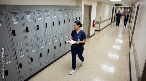 A young female nurse walking in a hospital hallway past staff lockers.