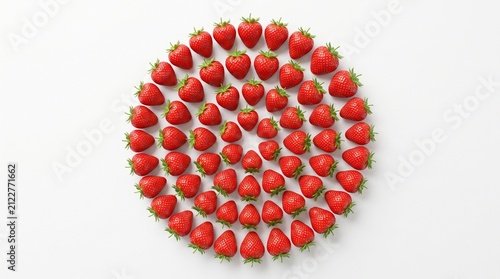 Premium 3D render of fresh strawberries arranged in a circular flat lay composition, isolated on pure white background, top view, highly detailed textures, realistic lighting, vibrant natural colors