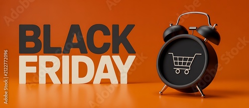 Black friday sale concept with bold lettering and a vintage alarm clock on an orange background