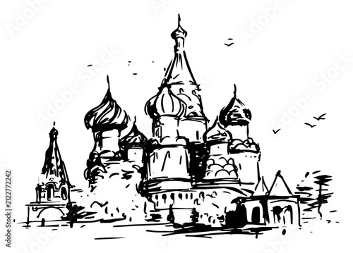 Canvastavla Saint Basil's Cathedral in Moscow Russia with iconic onion domes in hand drawn s