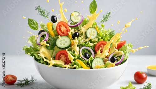 Fresh garden salad with splashing yellow dressing in a white bowl