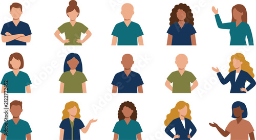 Diverse group of medical professionals in scrubs illustration