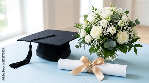 Graduation Cap with Diploma and White Floral Bouquet for Celebration