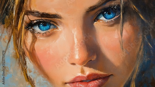 Artistic oil painting portrait of a woman with striking blue eyes