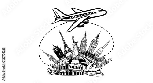 Travel Around The World Illustration With Famous Landmarks And Airplane