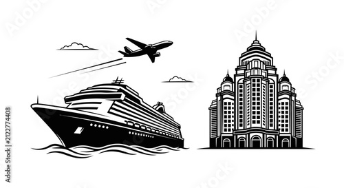 Travel Icons Set with Cruise Ship Airplane and Hotel Building
