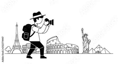 Travel Photographer Visiting Famous World Landmarks Outline Illustration