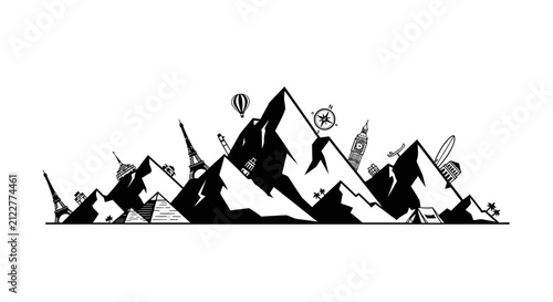 Travel Mountain Landscape Silhouette with Famous Landmarks