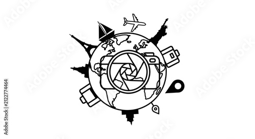 Travel Photography Concept Icon with World Map and Camera