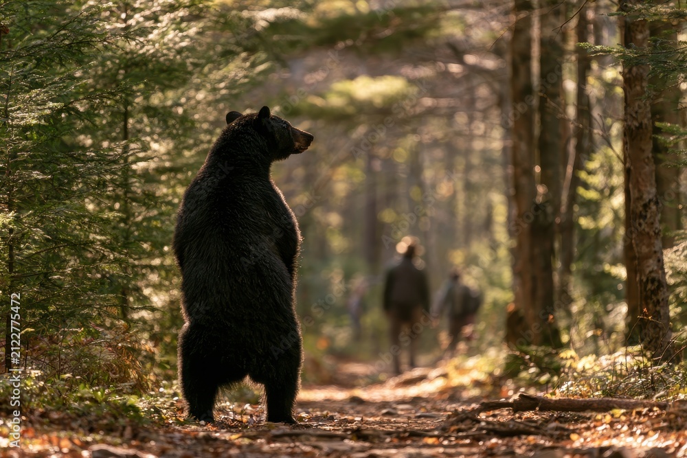 Obraz premium Forest scene featuring a black bear pausing on hind legs to watch people walking along a trail