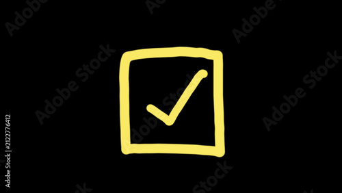 Yellow hand drawn check mark symbol inside square box on dark black background vector illustration icon for approval success task list checklist voting choices and agreement.