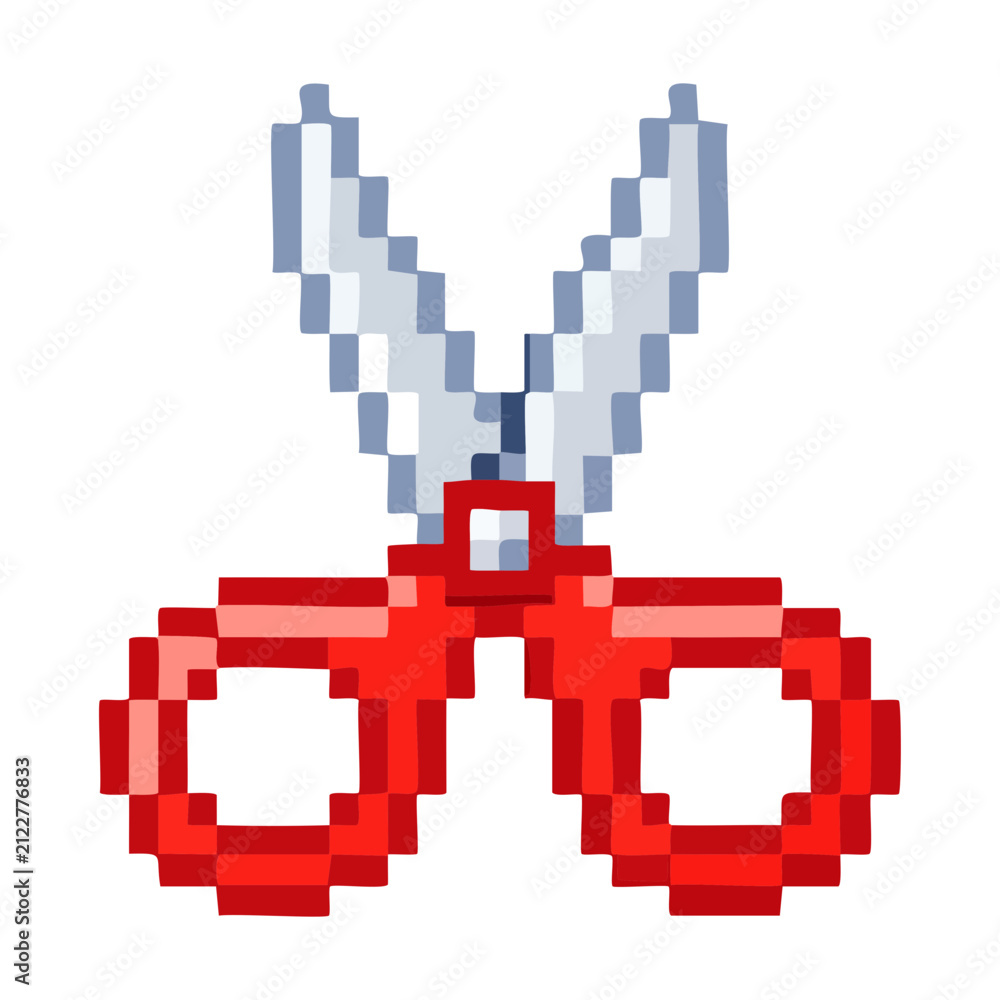 Fototapeta premium red handles scissors tool object tailor crafting stationary office equipment retro pixel art vector graphic illustration design asset