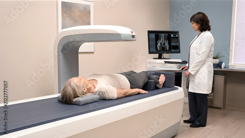 Osteopenia bone density decline clinical procedure showing porous femur anatomy, diagnostic imaging and treatment consultation in a healthcare setting for medical and patient education content