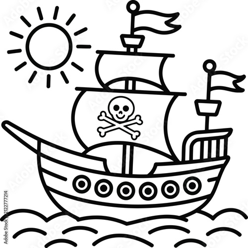 A simple black and white line art drawing of a pirate ship sailing on the ocean under a bright sun